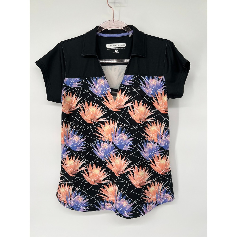 Pebble Beach Golf Polo Shirt Womens Medium Dry-Luxe Performance Black Floral